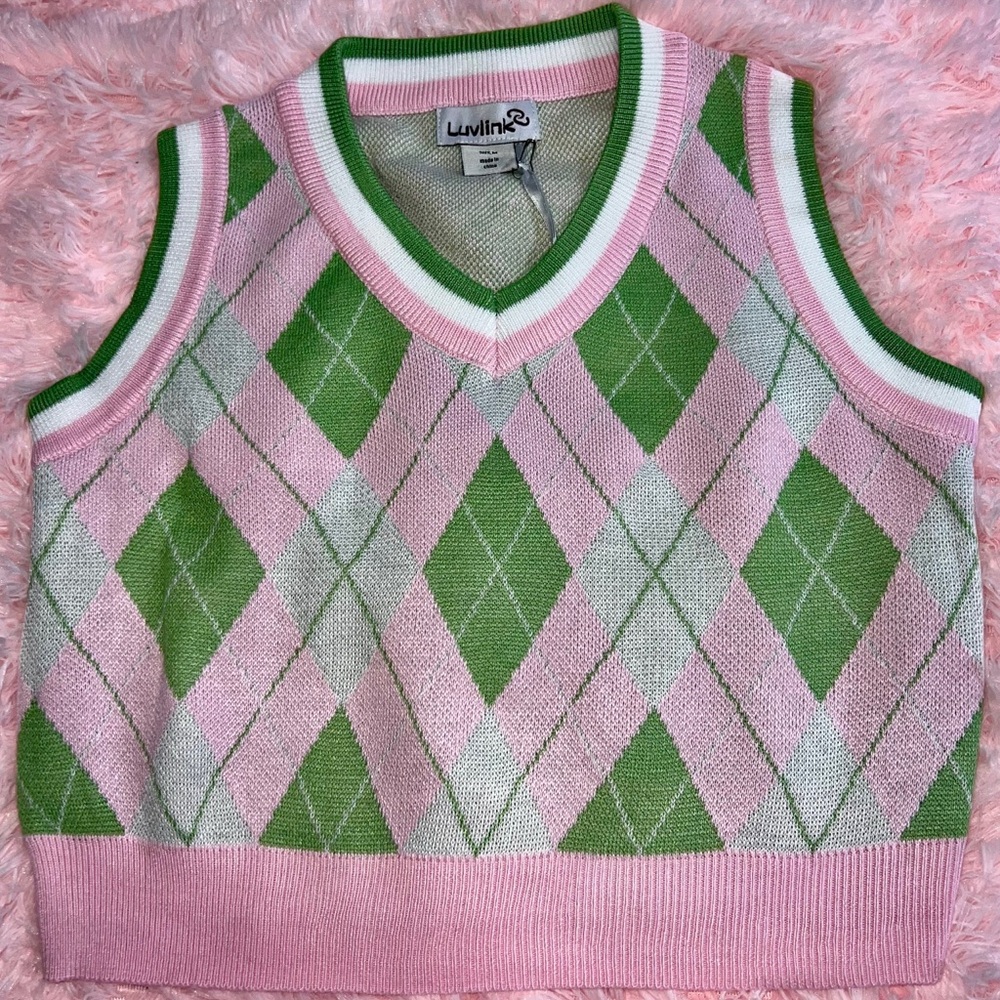 Link Pink and Green Argyle Sweater Vest